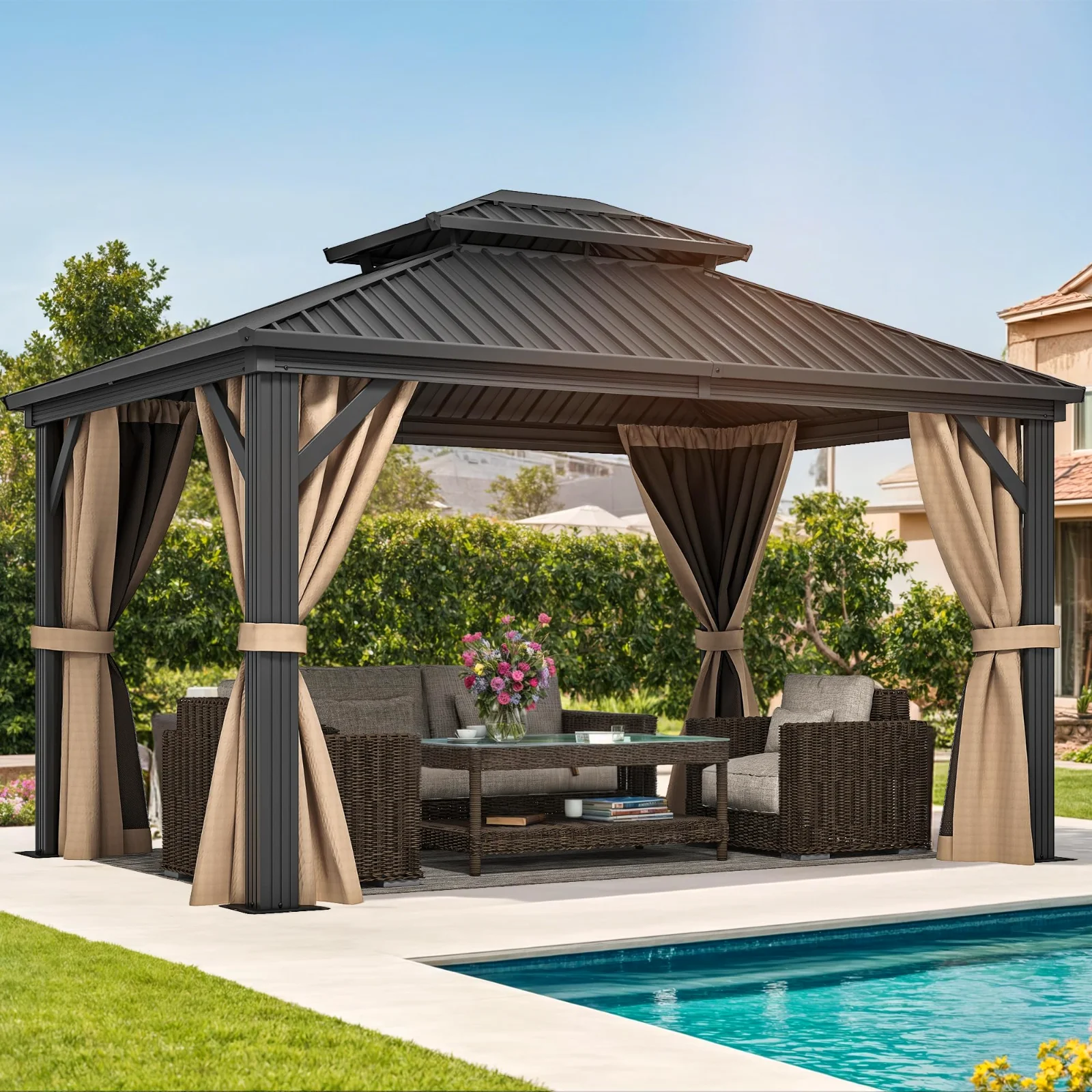 DWVO Hardtop Gazebo 10x12 ft, Double Roof