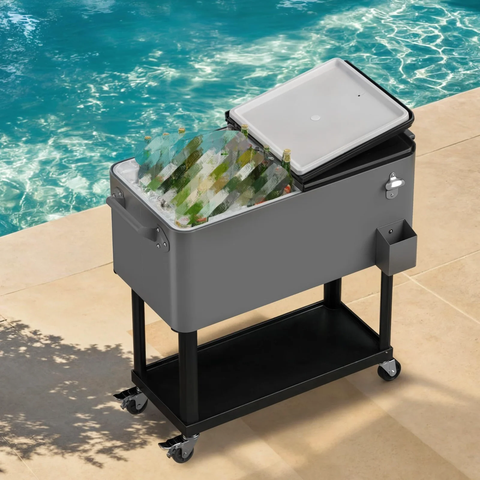 A DWVO rolling cooler cart loaded with ice and drinks beside a pool